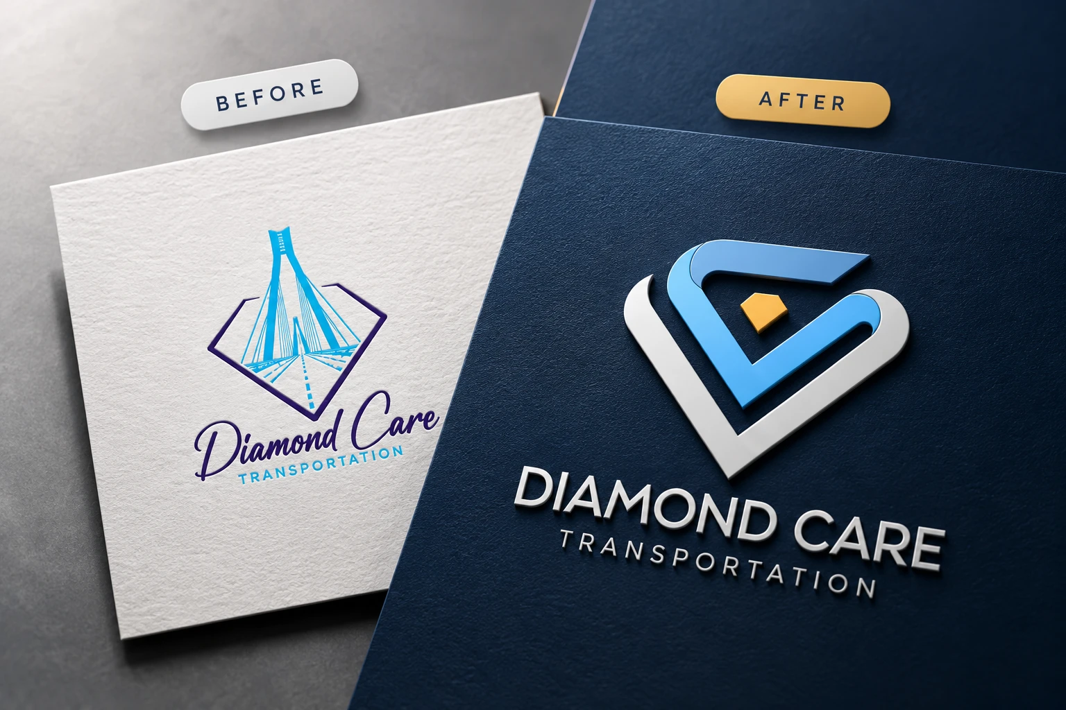 Before and after Diamond Care Transportation logo redesign, from the original bridge script logo to the new diamond and heart mark with bold lettering