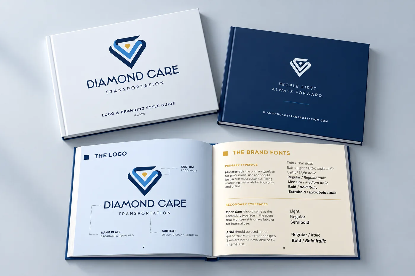 Diamond Care Transportation logo and branding style guide, showing the logo, brand fonts, the "we do care" logo, and service sub-logos