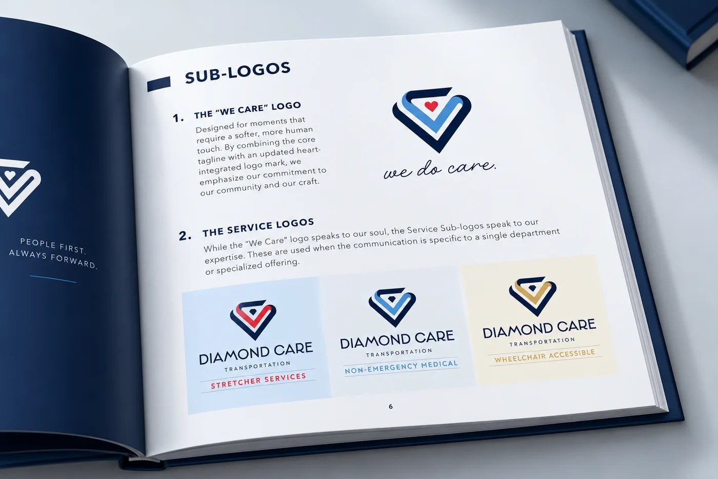 Diamond Care Transportation logo and branding style guide, showing the logo, brand fonts, the "we do care" logo, and service sub-logos