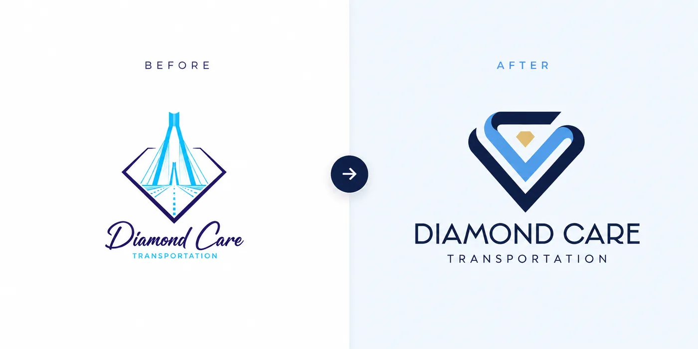 Diamond Care Transportation logo redesign, before and after, from a bridge illustration to a diamond and heart logo