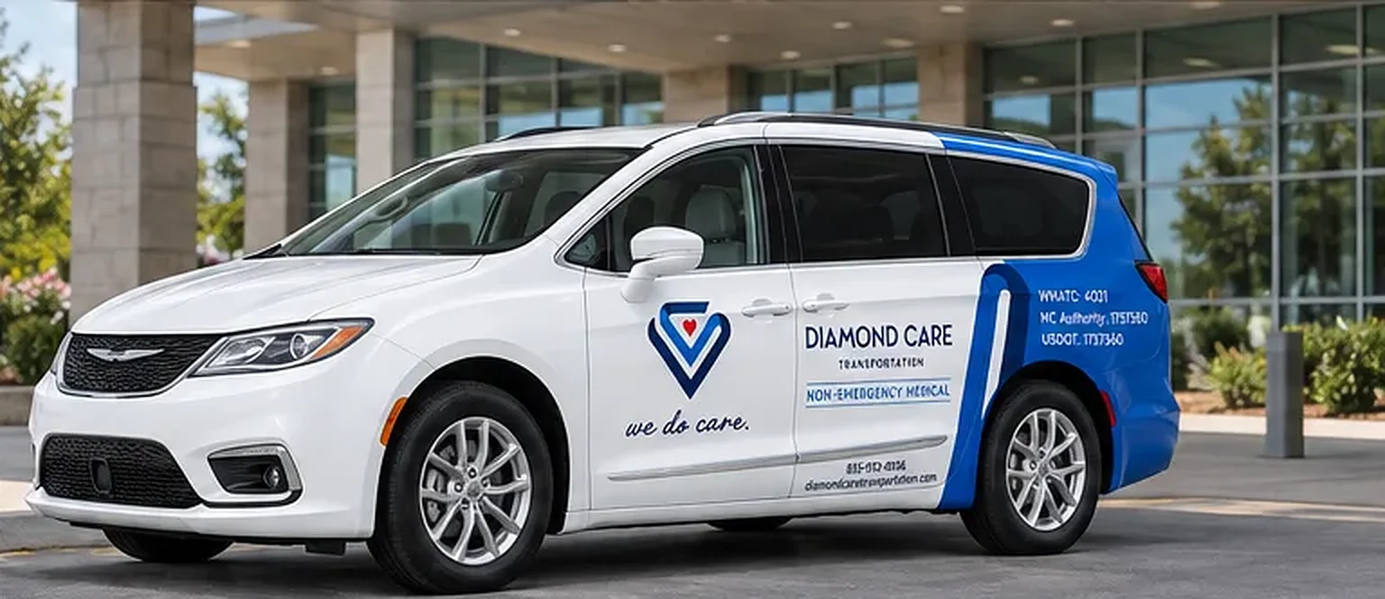 Diamond Care Transportation minivan with a custom non-emergency medical van wrap, shown in studio, from the rear three-quarter view, and parked at a medical center entrance