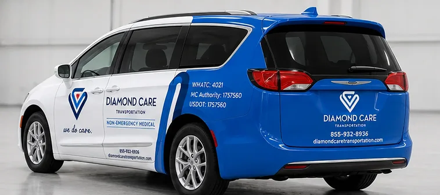 Diamond Care Transportation minivan with a custom non-emergency medical van wrap, shown in studio, from the rear three-quarter view, and parked at a medical center entrance