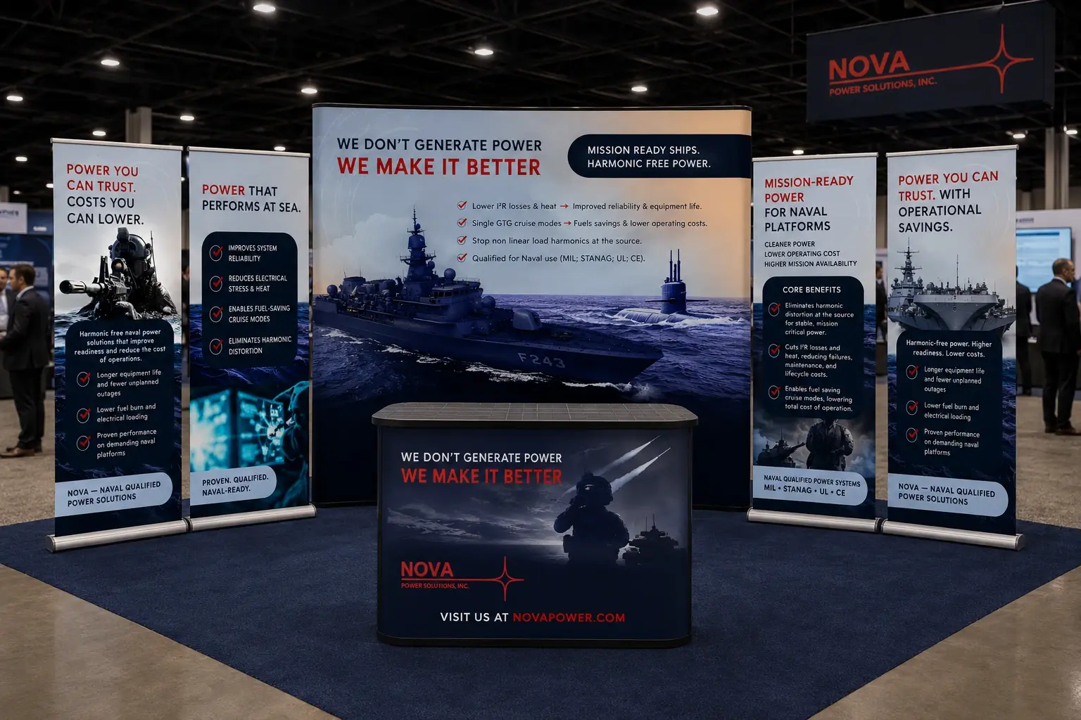 Full NOVA Power trade show booth with branded backdrop, illuminated signage, retractable banners, and a branded counter designed for defense and government industry conferences.